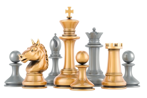Golden and silver chess figures 3D rendering isolated on transparent background