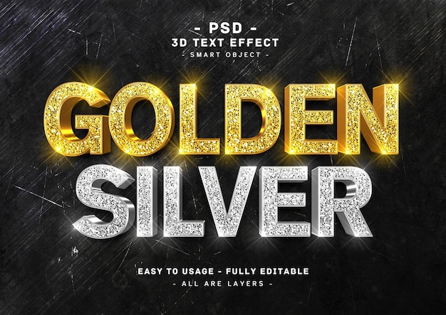 Golden and silver text effects 3d glitter style