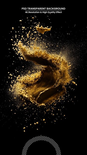 Golden splash isolated on black background freeze motion of exploding water up in the air