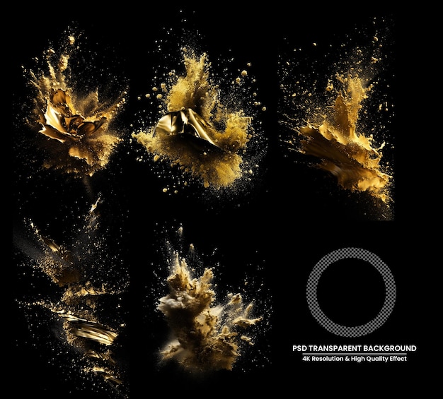 PSD 黒の背景に分離された金色のスプラッシュ空中で爆発する水の動きをフリーズします