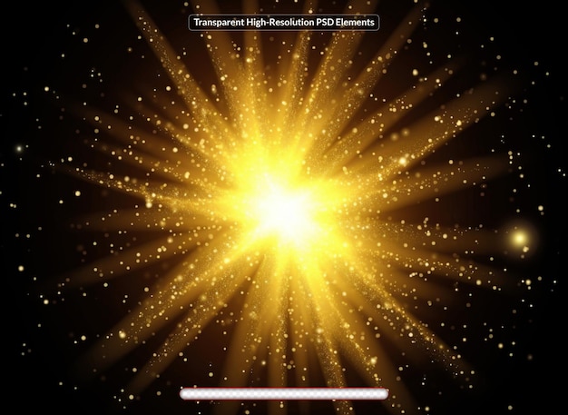 PSD golden star shine effects flash lights with sparkles and glow rays isolated on black background