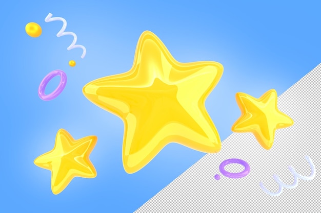 Golden stars icons with flying spirals spheres and rings on blue background 3d render game ui stars rate or gui design elements winner achievement bonus or prize reward 3d illustration