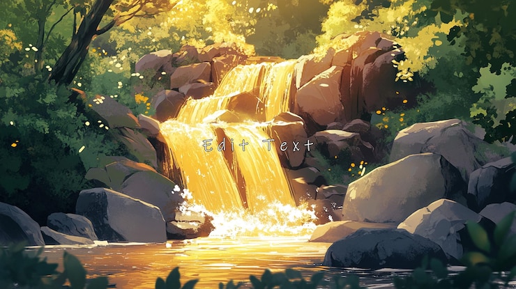 PSD golden sunlight illuminates a cascading waterfall in a lush forest
