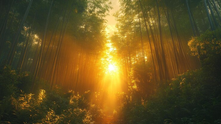PSD golden sunlight streams through a dense bamboo forest creating a mystical and serene atmosphere