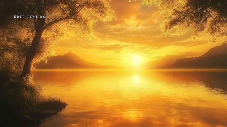 PSD golden sunset over calm lake silhouetted trees mountains in the distance