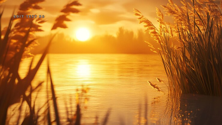 PSD golden sunset over calm lake water reeds in foreground