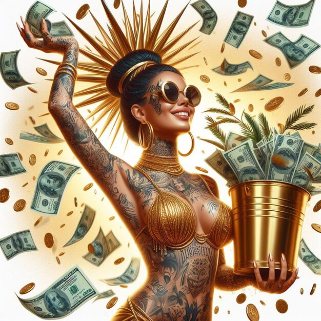 Golden tattooed beauty queen woman waste money throw out dollars love good vibrations vector art