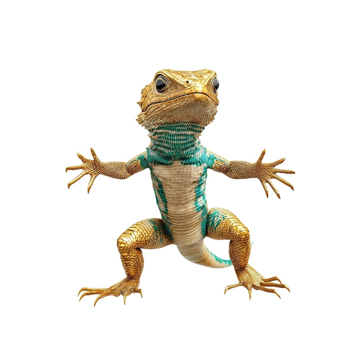 PSD golden and teal lizard in a welcoming pose on white background