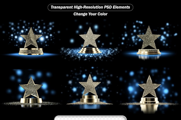 PSD golden three step podiums with star glowing gold stage with glitter and light smoke set