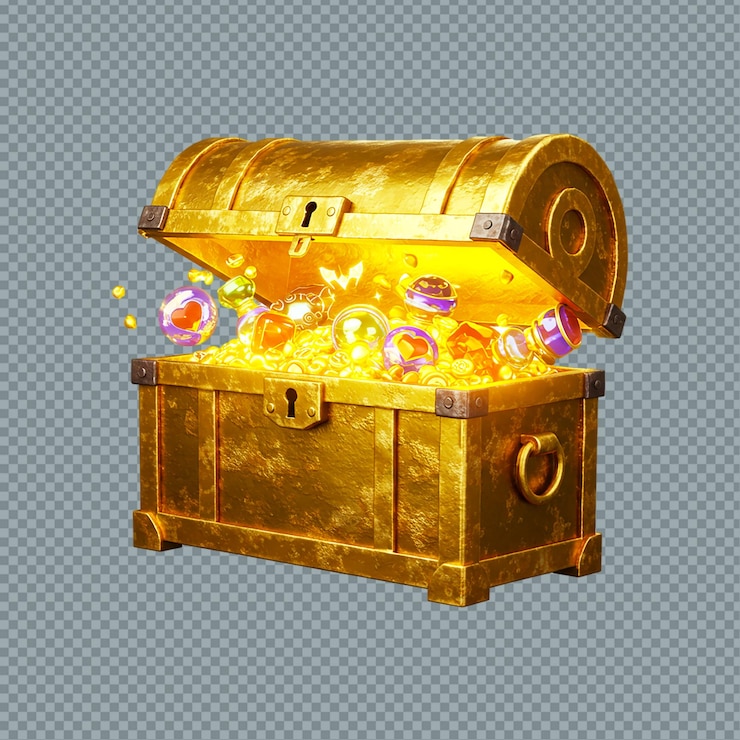 PSD a golden treasure chest overflowing with gold coins and colorful gems on a surface png