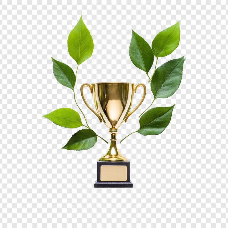 PSD golden trophy surrounded by green leaves