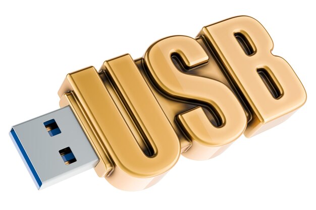 Golden USB flash drive 3D rendering isolated on transparent background
