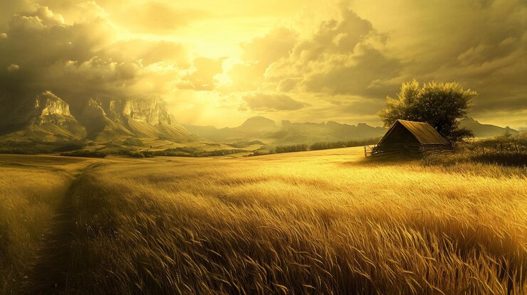 PSD golden wheat field lone cabin mountainous backdrop at sunset