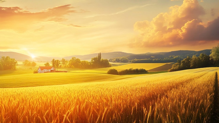 PSD golden wheat field at sunrise with a small white house nestled in the landscape and hills in the background warm colors serene atmosphere
