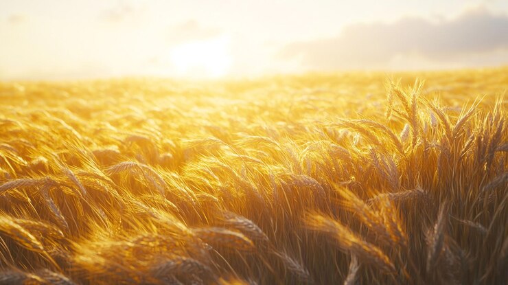 PSD golden wheat field at sunset sun rays illuminating ripe ears of grain