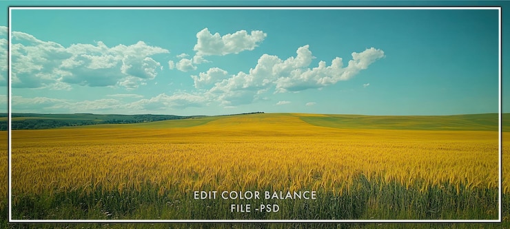 PSD golden wheat field with blue sky and white clouds