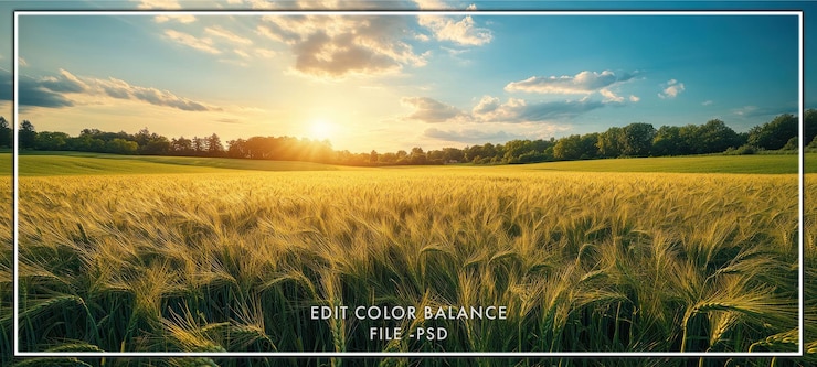 PSD golden wheat field with a sunset sky