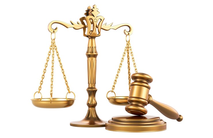 Golden Wooden Gavel and Scales of Justice 3D rendering isolated on transparent background
