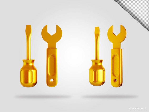 PSD golden wrench and screw driver 3d render illustration isolated