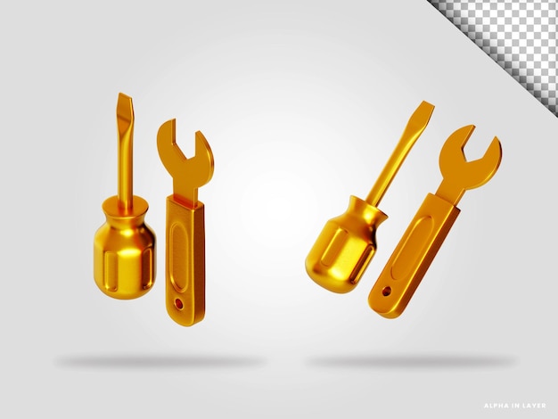 PSD golden wrench and screw driver 3d render illustration isolated