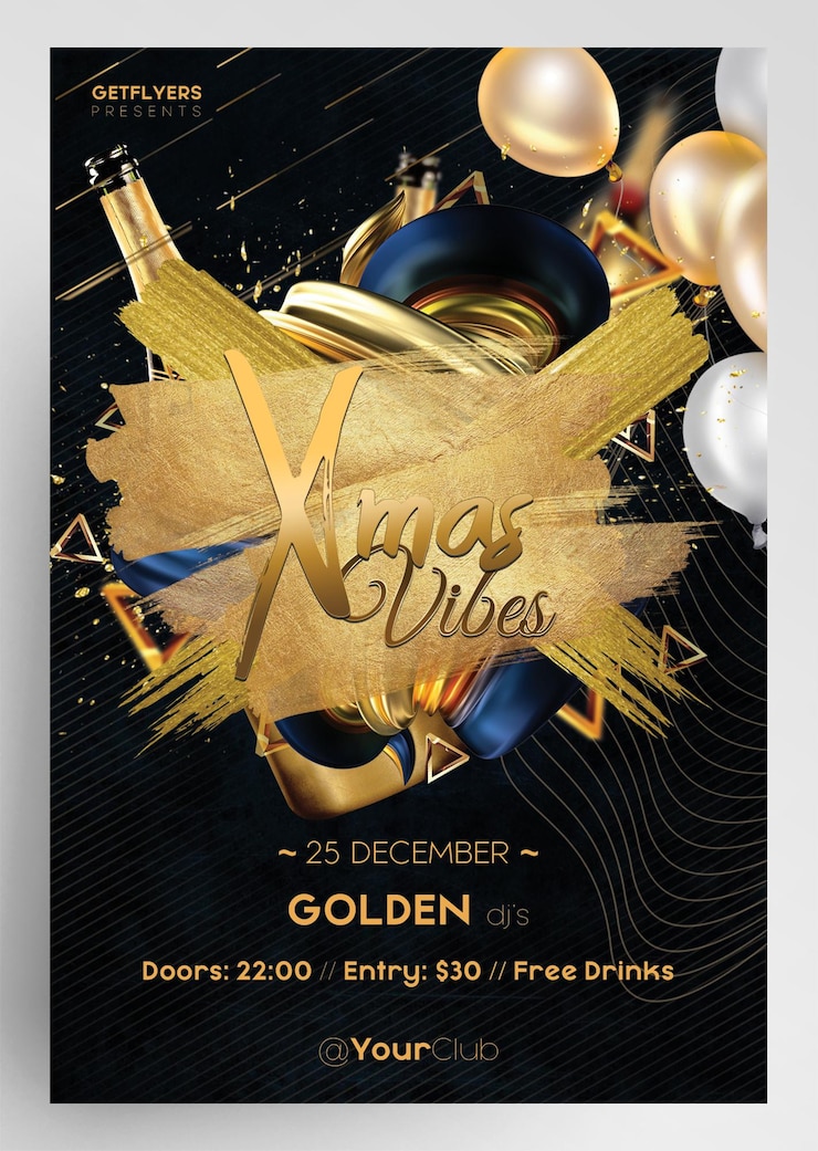 PSD golden xmas vibes golden xmas party nightclub flyer template