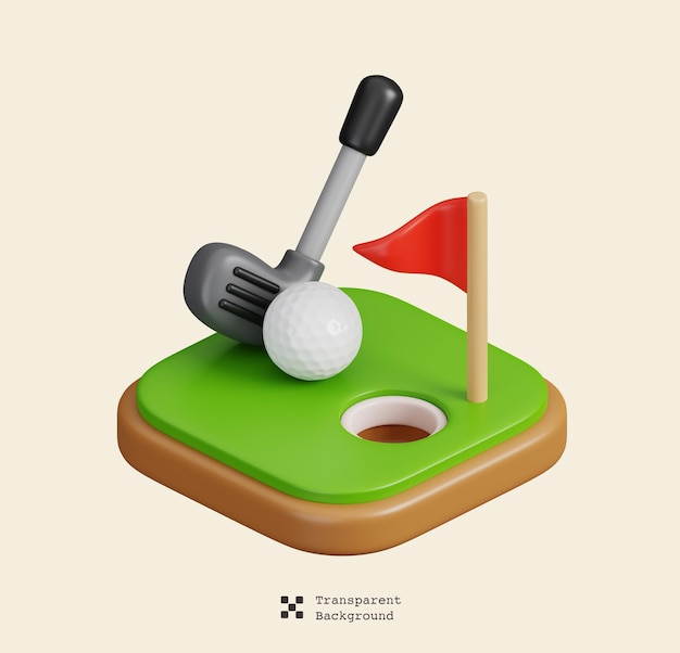 Golf club stick and ball on green golf isolated sports fitness and game symbol icon 3d render