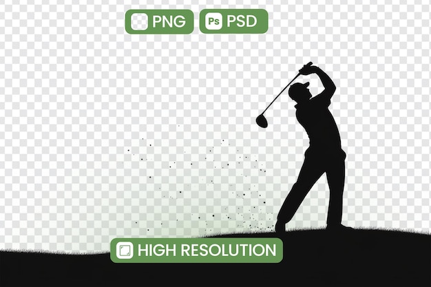 Golfer Silhouette HighResolution PNG and PSD Downloads for Graphic Design Projects Websites and Digital Art Featuring a Dynamic Swing and Detailed Grass Texture Ideal for Sports Themed Projects