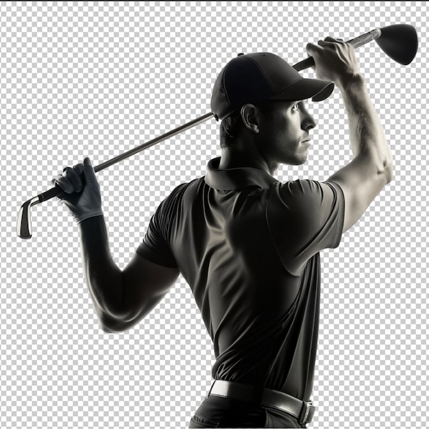 Golfer swinging club con postura controllata con conce tshirt concentrato inchiostro tatuaggio contorno design cnc