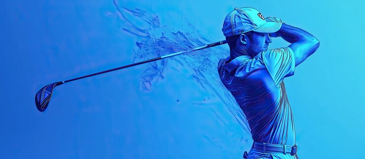 PSD golfer swinging with blue backdrop
