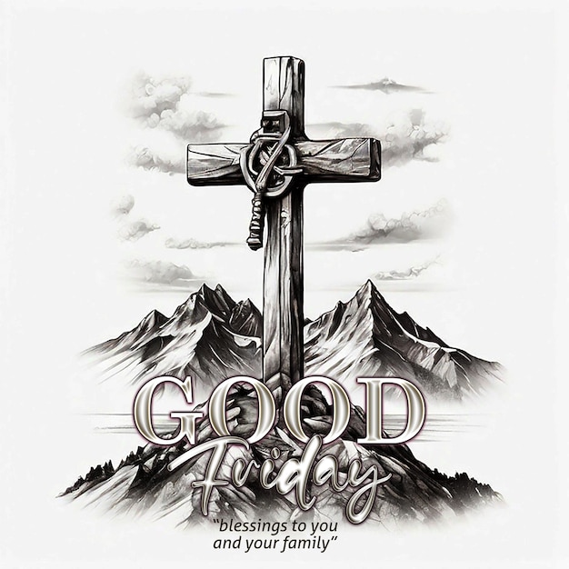 PSD good friday banner illustration with sketch mountain cross