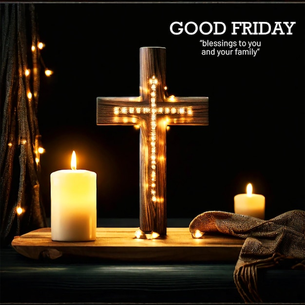 PSD good friday banner template with cross shawl the cross illuminated with bokeh light blur