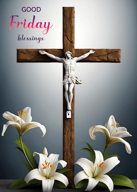 PSD good friday concept christian cross adorned with lilies