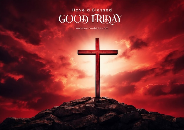 PSD good friday concept christian cross against a blood red sky symbolizes the sacrifice and redemption