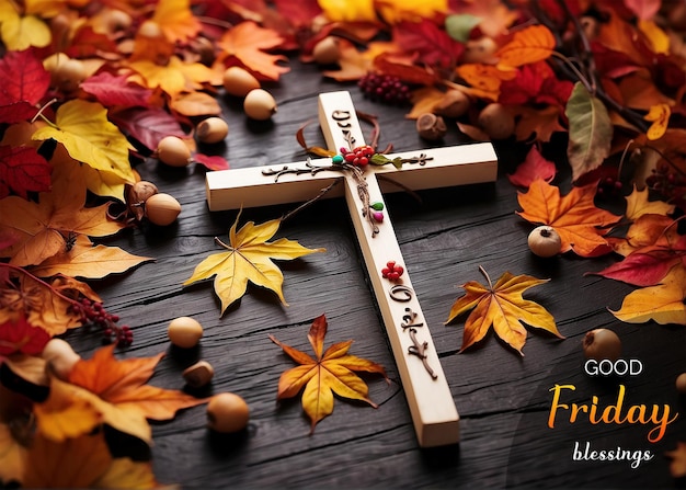 PSD good friday concept christian cross amidst a colorful array of autumn leaves