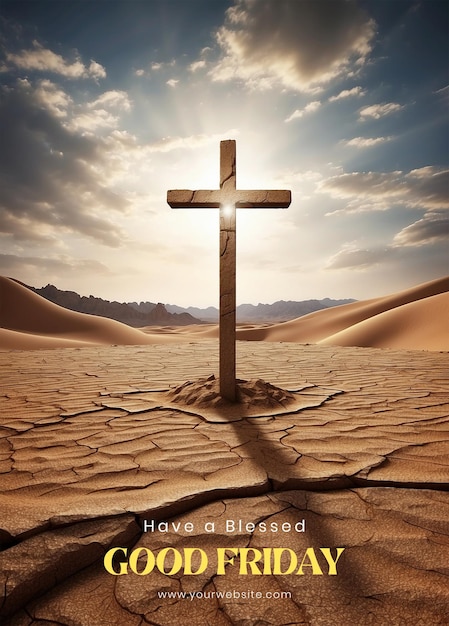 PSD good friday concept christian cross in a barren desert representing the desolation