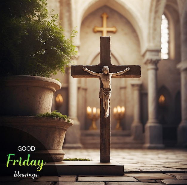 Good friday concept christian cross in a church courtyard inviting reflection on the spiritual sign