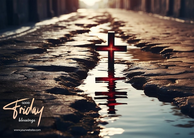 PSD good friday concept christian cross reflected in water portraying the emotional impact