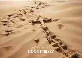 PSD good friday concept christian cross on a sea beach sand view capturing the journey of faith