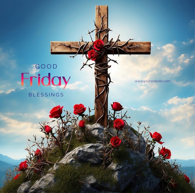 PSD good friday concept christian cross with thorns with flowers showcasing the painful sacrifice