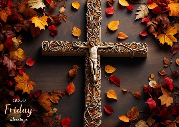 PSD concept del venerdì santo croce cristiana decorata tessuta con intricati motivi di foglie d'autunno