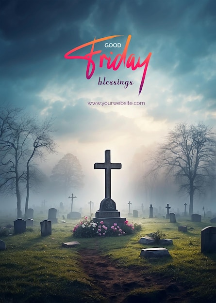 PSD good friday concept misty graveyard with a christian cross