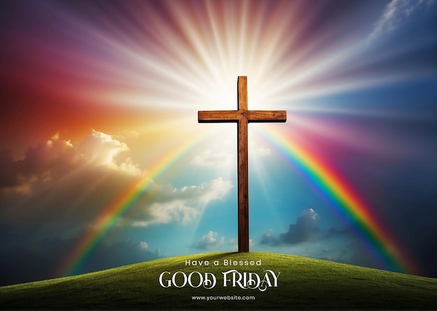 PSD good friday concept vibrant rainbow arching over a christian cross