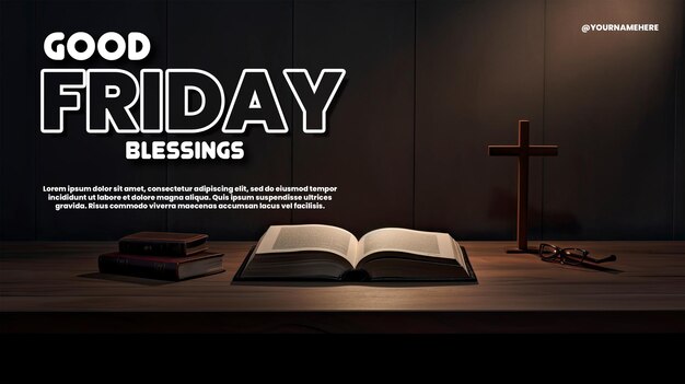 PSD good friday holy bible and cross on desk minimalism dark and