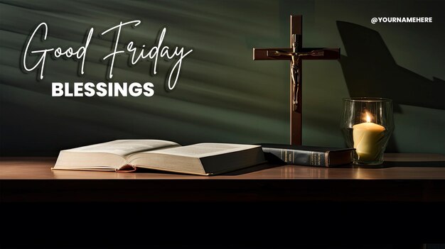 PSD good friday holy bible and cross on desk minimalism dark and