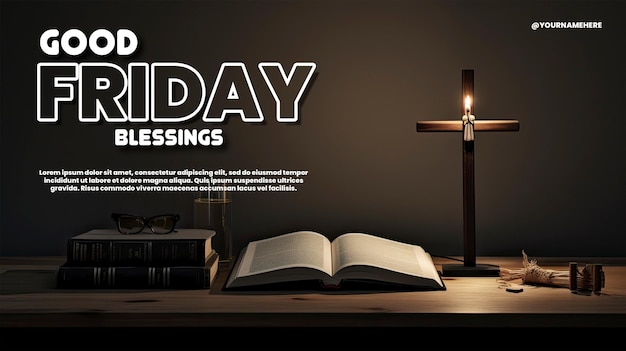 PSD good friday holy bible and cross on desk minimalism dark and
