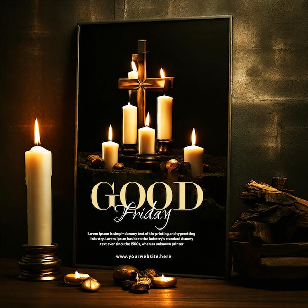 PSD good friday poster template blessings with a cross and candles in the background