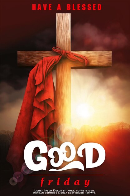 Good friday poster template with cross made of wood with red shawl illuminated with sunlight blurr