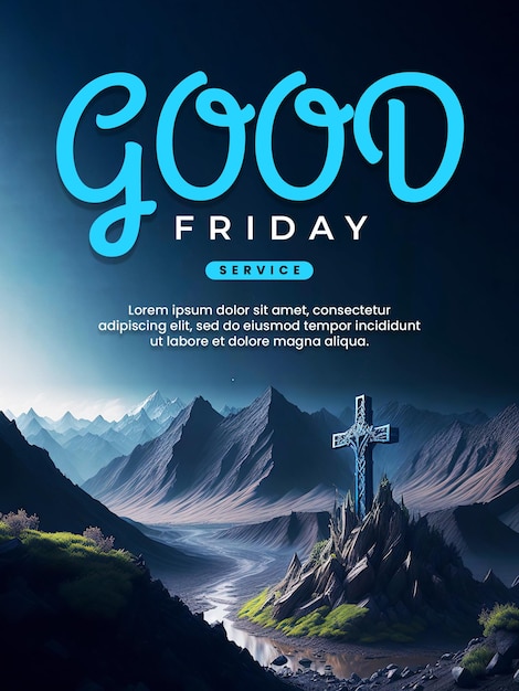 PSD good friday poster with amazing fantasy background cross on hill