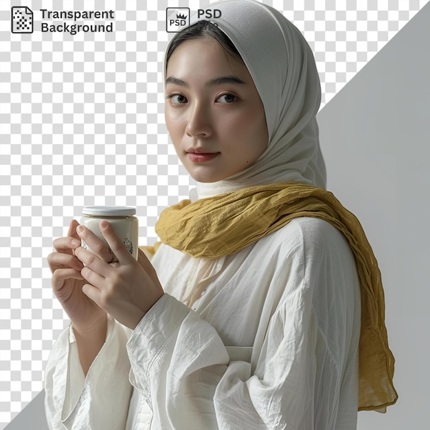 PSD good girl in white dress holding a cup of coffee