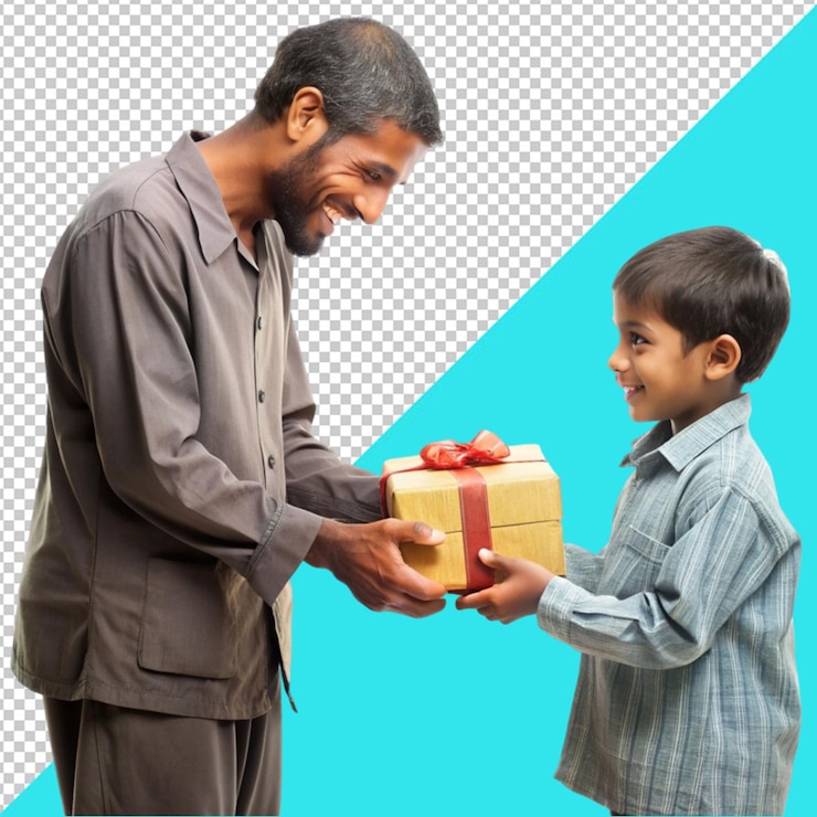 PSD a good man give gift to poor child on transperent background